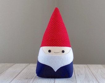 Gnome stuffed doll in red polka dots and navy, small cute travel gnome plushie, garden gnome, gift for gnome person