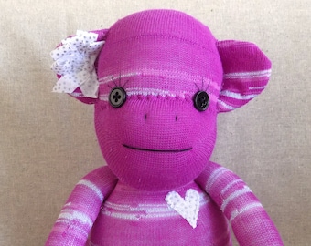 Sock Monkey Stuffed Animal in Mauve Pink, Handmade Heirloom Traditional Sock Monkey