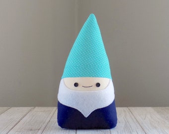 Gnome plush doll in teal and navy, small cute travel gnome soft toy, garden gnome collector gift, woodland gardener gift