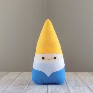 Cute small gnome stuffed animal yellow and blue, gift for gnome collector, woodland decor, garden gnome soft plushie