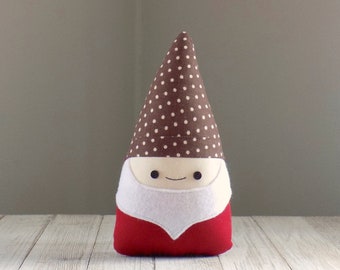 Gnome plushie in brown and red, cute retro garden gnome decor, woodland nursery, gnome collector gift, small travel gnome doll