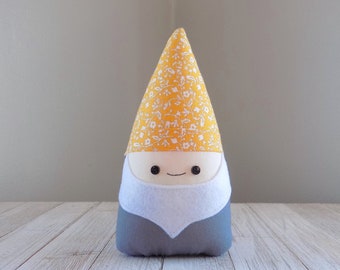 Gnome mini plushie stuffed toy in yellow and grey, cute kawaii garden gnome, woodland decor