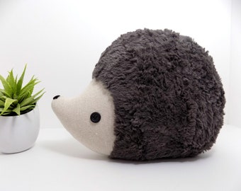 Hedgehog pillow plush in pewter grey/brown, hedgehog stuffed animal toy, woodland nursery decor hedgehog