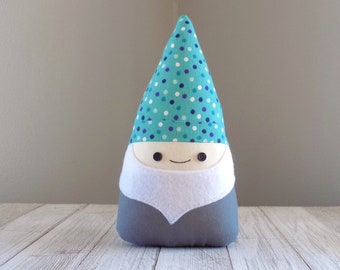 Cute garden gnome stuffed toy, mini gnome plushie in teal and grey, small woodland soft toy