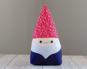 Gnome stuffed toy in red and navy, cute tiny gnome plushie, woodland decor, nursery decor, gnome collector gift, cottage core