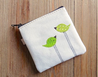 Zipper pouch coin purse with green birds, cute small zipper bag with bird design, small zipper pouch for travel, purse catch all bag