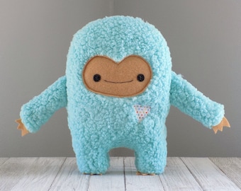 Cute monster plush stuffed animal in teal and tan, big foot toy, cute soft yeti, handmade monster pillow, kawaii plushie, baby shower gift