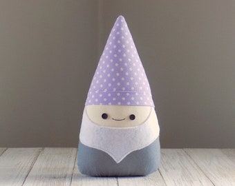 Gnome stuffed animal in purple and grey, cute retro garden gnome plush soft doll, gift for gardener and gnome collector