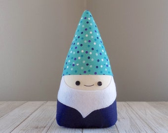 Gnome stuffed toy in teal and navy blue, small garden gnome plushie, super cute kawaii woodland gnome stuffie