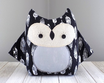 Owl stuffed animal in black feather print, accent or travel pillow,  owl baby shower gift, woodland nursery decor