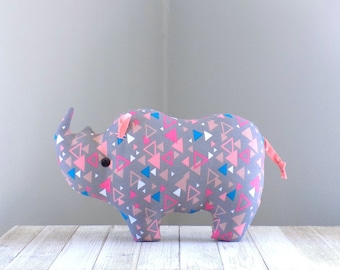 Rhino stuffed animal in grey with modern geometric print, rhinoceros stuffed toy, rhino shaped pillow, cute plush rhino soft toy