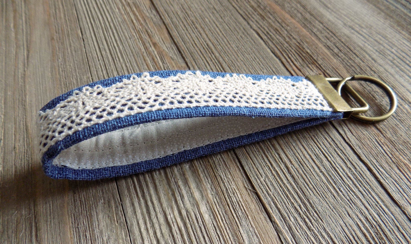Wristlet Key Chain Wrist Key Fob in Blue With Vintage Lace Etsy