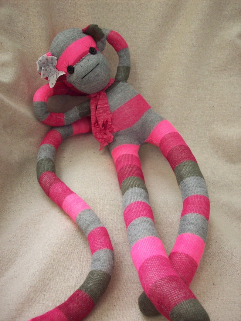 Sock Monkey Stuffed Toy in Pink Stripes Handmade Plush Sock Etsy