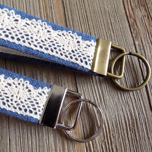 wristlet key chain, wrist key fob in blue with vintage lace detail, fabric key chain for wrist, fabric key fob, key chain for your wrist image 4