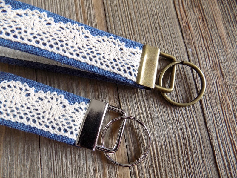 wristlet key chain, wrist key fob in blue with vintage lace detail, fabric key chain for wrist, fabric key fob, key chain for your wrist image 4