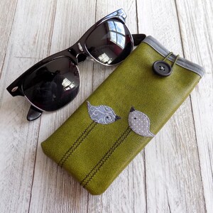 Glasses case in olive green with grey birds, slim soft sleeve for sunglasses and readers, cute vegan friendly eyewear case