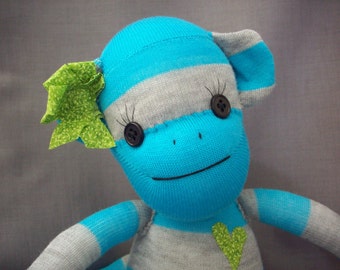 Sock monkey doll in aqua blue and grey stripes- Piper