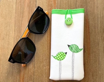 Case for Glasses Sunglasses in Cream With Whimsical Green Birds, Vegan Friendly Eyewear Sleeve