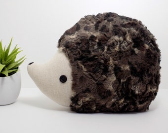 Hedgehog pillow plush in dark multi tones, hedgehog stuffed animal toy, woodland nursery decor hedgehog