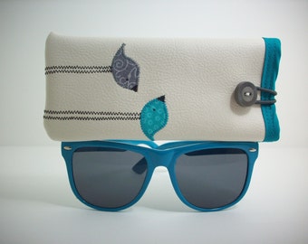 Eyeglass Sunglass case in cream with teal and grey birds, cute glasses sleeve, eyewear readers case