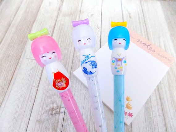 Kawaii Gel Pens, Kimono Girl Kokeshi Doll Gel Pen SET OF 3 PENS