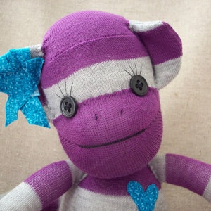 Sock monkey plush toy in purple and grey stripes, Stuffed animal monkey, monkey toy, children's toy monkey, sock monkey plush doll