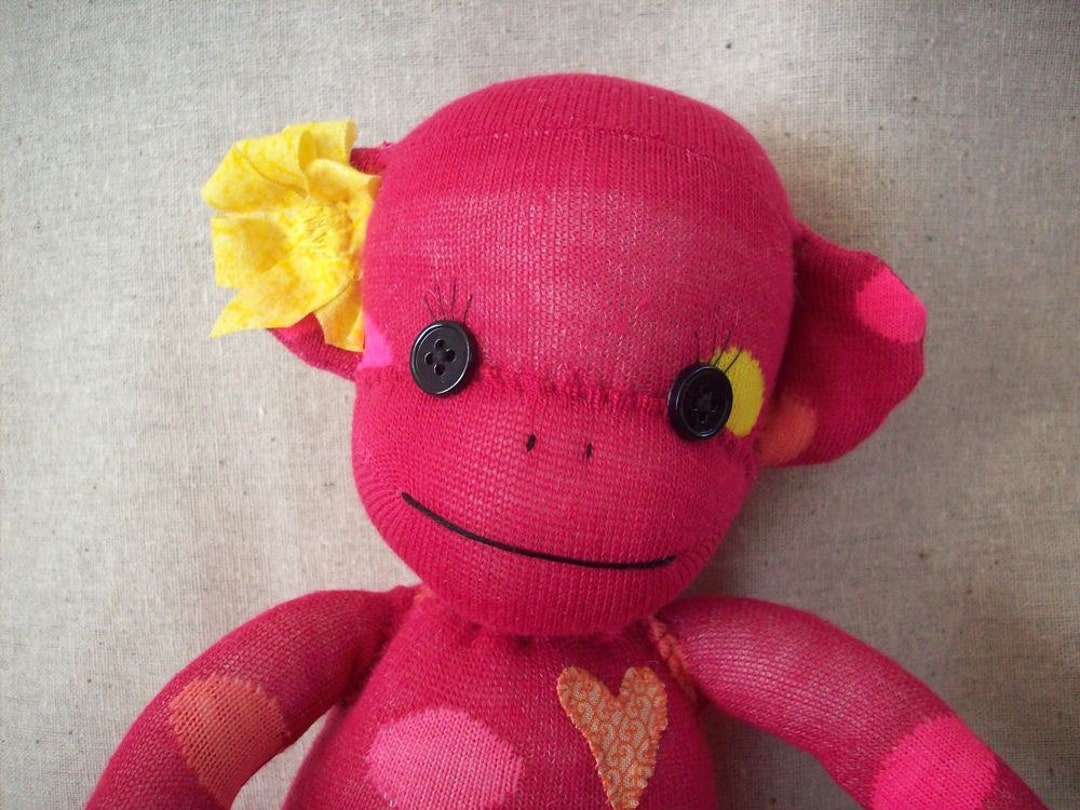Sock Monkey Stuffed Plush Toy in Pink With Polka Dots, Original Monkey