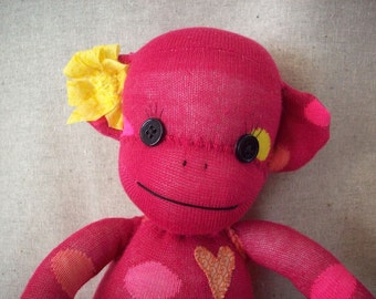 Sock monkey stuffed plush toy in pink with polka dots, original monkey made from socks, heirloom baby gift