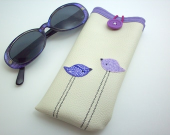 Sunglass case women's eyeglass case cream color with purple birds