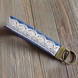 wristlet key chain, wrist key fob in blue with vintage lace detail, fabric key chain for wrist, fabric key fob, key chain for your wrist image 1