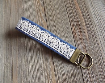 Keychain Wristlet In Blue With Vintage Lace Detail, Handmade Boho Western Hands-Free Key Fob