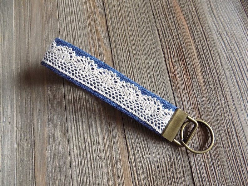 wristlet key chain, wrist key fob in blue with vintage lace detail, fabric key chain for wrist, fabric key fob, key chain for your wrist image 1