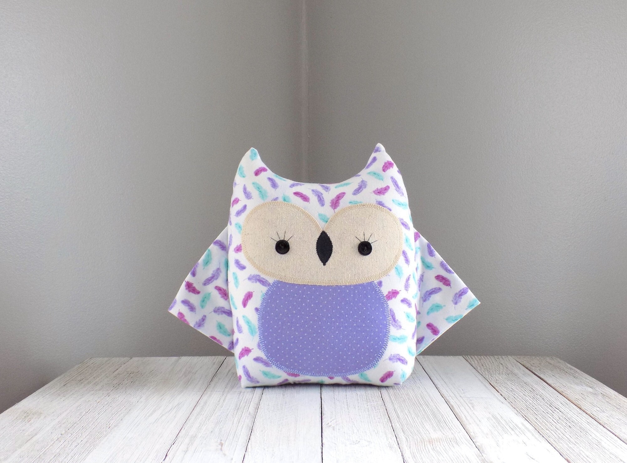 Owl stuffed animal in purple and teal feather print, woodland nursery baby shower gift, handmade hei