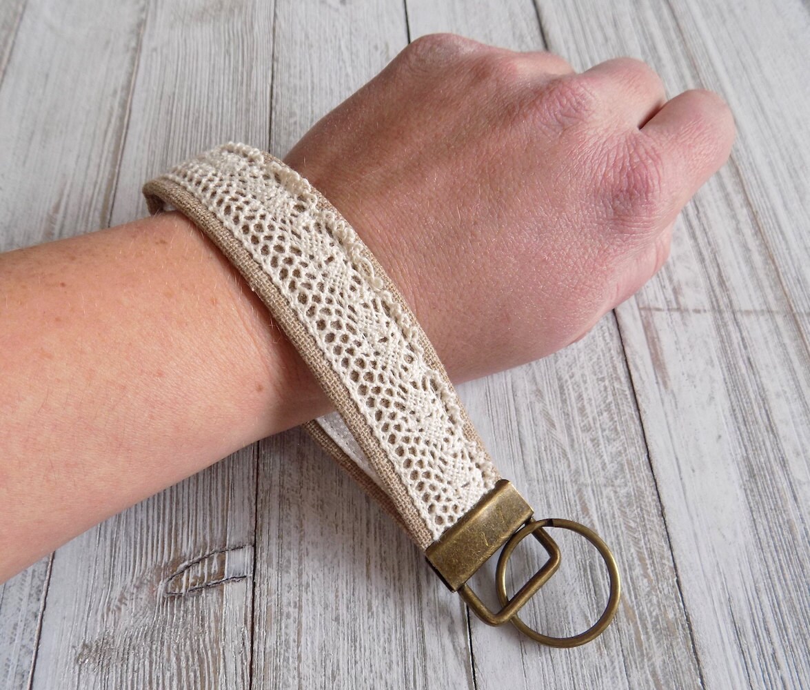 Wrist Key Chain Key Chain for Wrist in Tan With Cream Lace Etsy