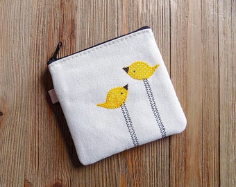 Zipper pouch coin purse with yellow birds, cute coin pouch, small zipper bag, gift for bird lover, tiny travel pouch, purse organizer