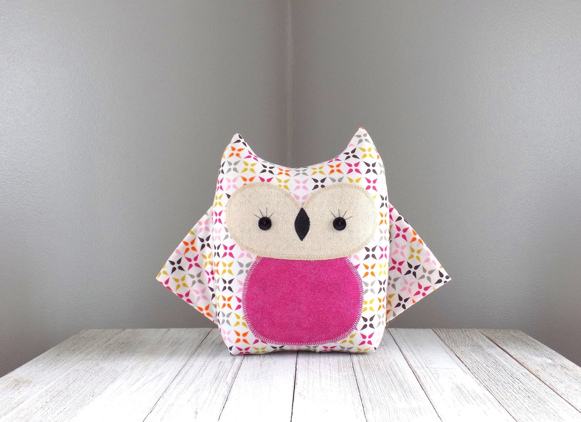 Owl stuffed animal in modern geometric print, handmade plush toy, owl shaped pillow, cute travel pil