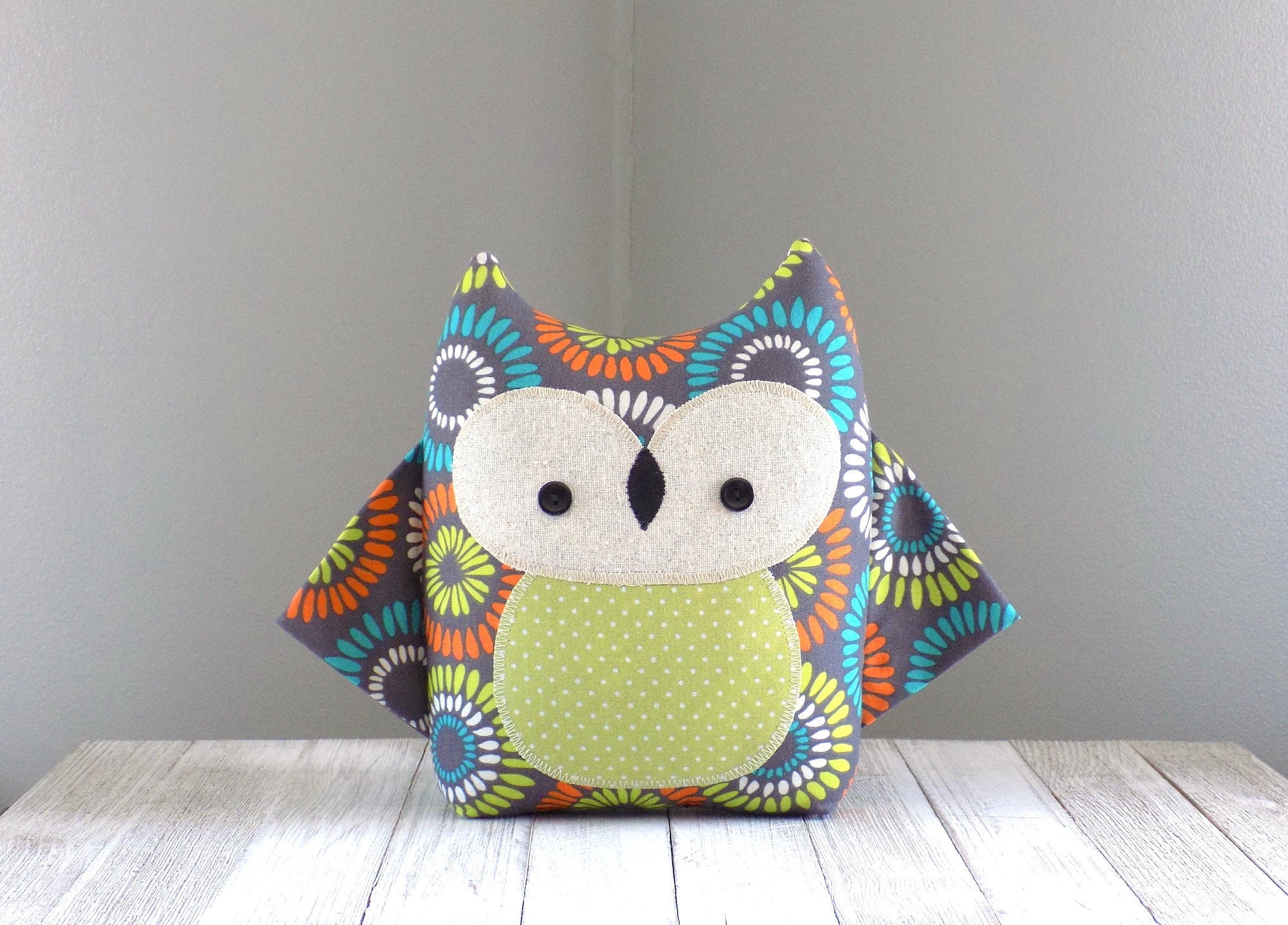 Owl Stuffed Animal In Grey Sunburst, Handmade Woodland Pillow, Kawaii Plushie