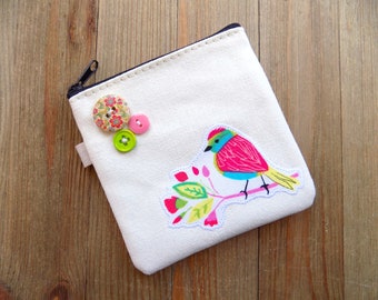 Small zipper bag with pink and teal bird, cute coin purse, jewelry travel pouch, ear bud pouch, simple card case, purse catch all bag