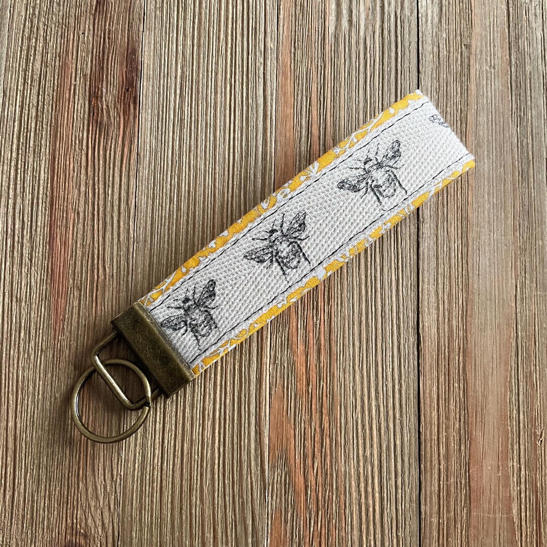 Keychain for Wrist in Yellow Fabric With Bee Overlay, Hands-free ...