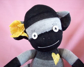 Sock monkey stuffed animal, monkey made from socks in black grey and yellow, sock animal stuffed toy, original sock monkey, girl sock monkey