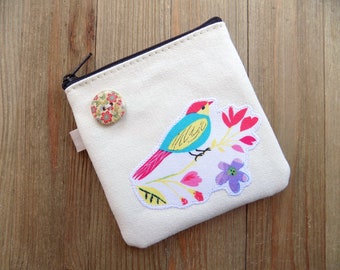 Mini zipper pouch with teal and yellow bird, cute coin purse, jewelry travel pouch, ear bud pouch, simple card case, purse catch all bag