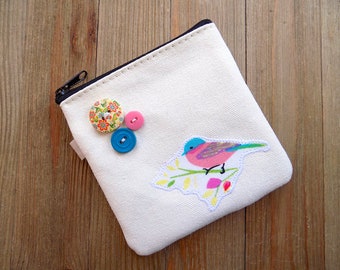 Zipper pouch coin purse with cute blue and pink bird, jewelry travel bag, ear bud pouch, simple card case, purse catch all bag