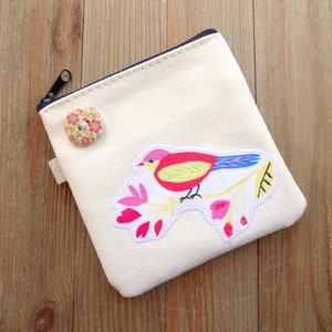Bolso pequeño con cremallera con pájaro rojo y amarillo, bonito monedero, estuche de viaje para joyas, estuche para auriculares, tarjetero sencillo, billetera minimalista.