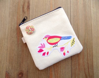 Small zipper bag with red and yellow bird, cute coin purse, jewelry travel pouch, ear bud pouch, simple card case, minimalist wallet