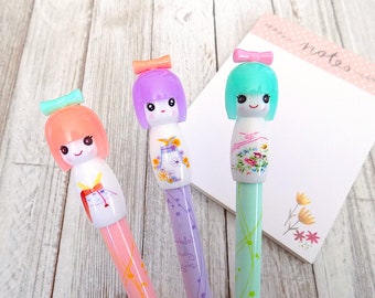 Kimono girl gel pen SET OF 3 PENS, super cute kawaii gel pens, kimono girl novelty pen, kawaii stationary, kawaii school supplies, cute pens