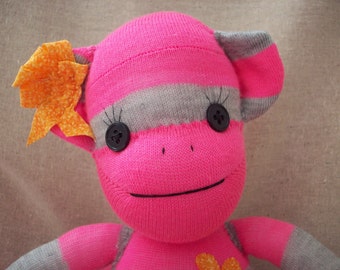 Sock Monkey Stuffed Animal in Pink and Grey Stripes, Handmade Heirloom Sock Monkey Plush