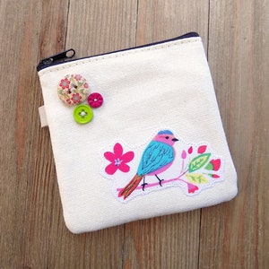 Pequeño bolso con cremallera con pájaro rosa y azul, bonito monedero, estuche de viaje para joyas, estuche para auriculares, tarjetero sencillo, billetera minimalista