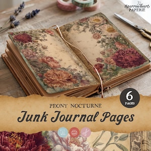 Dunkle Pfingstrosen Junk Journal Seiten, Moody Blumen druckbares digitales Scrapbook Kit, Gothic Blume Bastelseite, Collage Sheet, Doppelseite, SH09