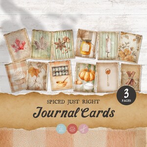 May include: A collection of vintage-style journal cards with watercolor illustrations. The cards feature images of fall leaves, pumpkins, spices, and a cupcake. The text "Spiced Just Right Journal Cards" is displayed on a brown banner. The cards are arranged on a white wooden background.
