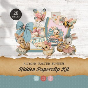Op de afbeelding: Een verzameling van 28 kitscherige paas-paperclipkunstwerken. Het ontwerp toont konijntjes, een kuiken, vlinders en bloemelementen in pastelkleuren. De tekst "Easter Parade" en "Bunny Bonanza" is zichtbaar.